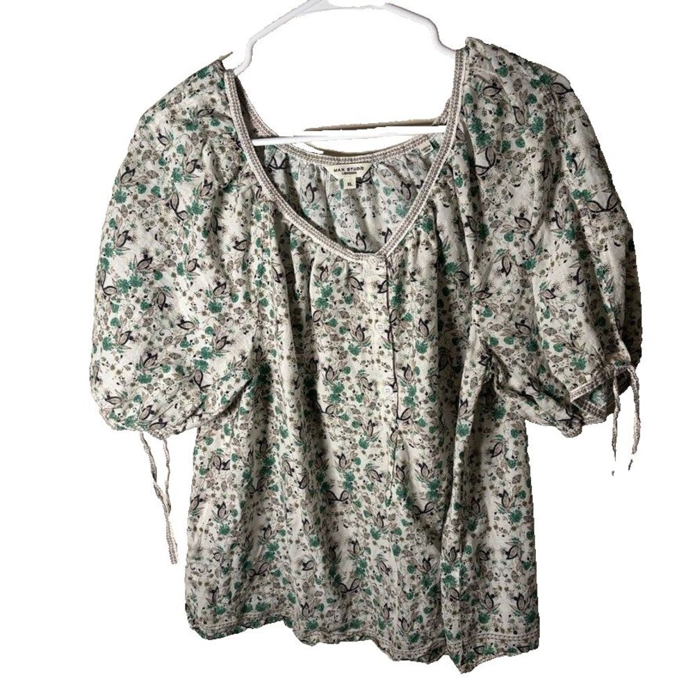 Max Studio Blouse Women's XL Short Sleeve V-Neck Button Up Casual Top